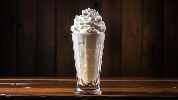 A tall glass filled with whipped cream on top of a window