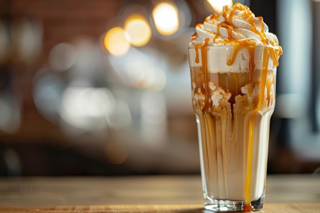 Photo a tall glass of iced coffee with whipped cream and caramel drizzle