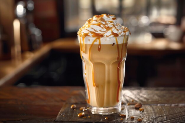 Photo a tall glass of iced coffee with whipped cream and caramel drizzle