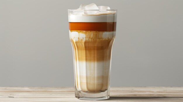 Photo a tall glass of iced latte with beautifully layered cream milk and espresso perfect for a refreshing coffee break on a warm day