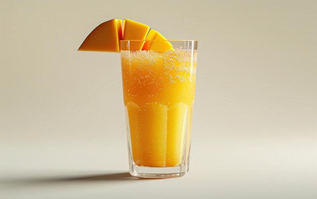 A tall glass of mango juice with sparkling bubbles garnished with a slice of mango