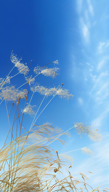 Tall grass blowing in the wind against a blue sky generative ai