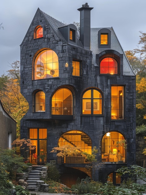 Tall House with Black Stone Walls and Multicolored Windows