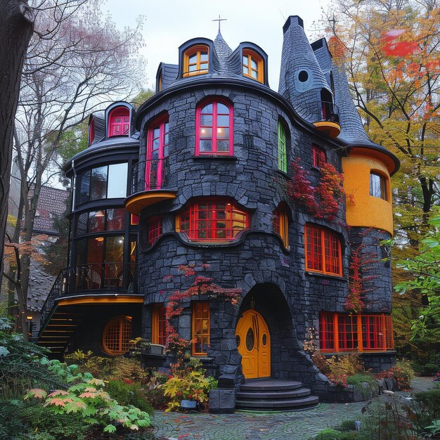 Tall House with Black Stone Walls and Multicolored Windows