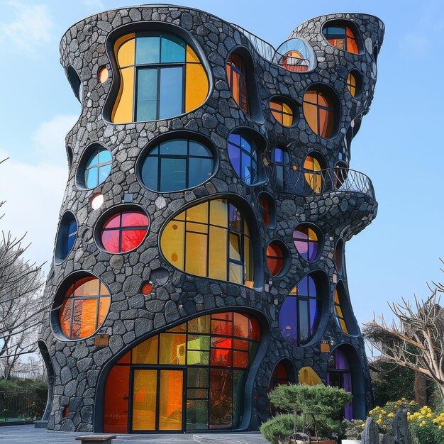 Tall House with Black Stone Walls and Multicolored Windows