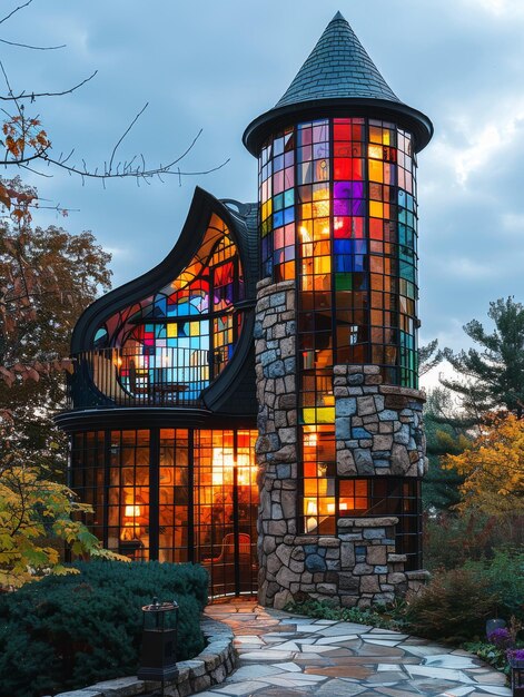 Tall House with Black Stone Walls and Multicolored Windows