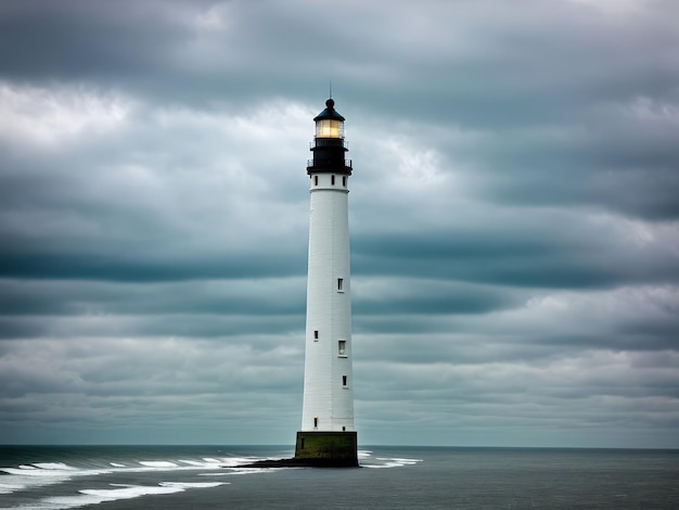 Tall lighthouse at the north sea under a cloudy sky