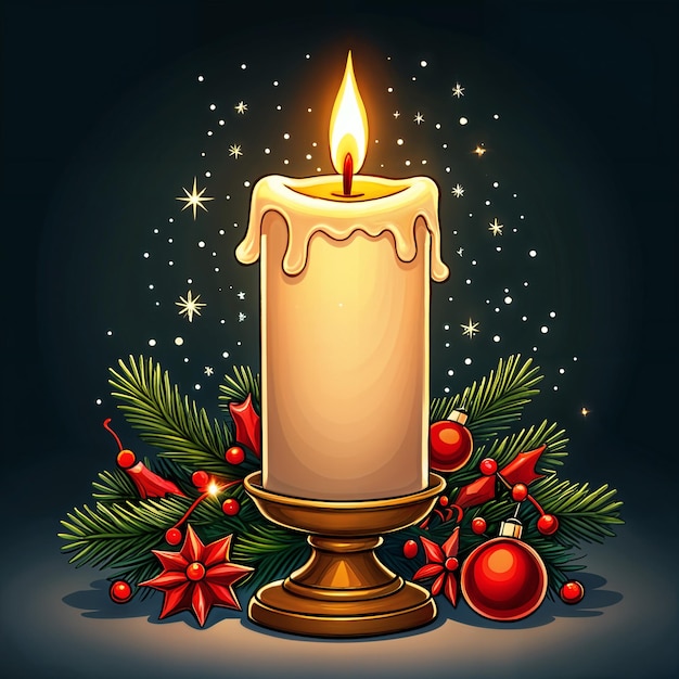 Photo tall lit candle with a wick on top placed on a table surrounded by christmas decorations such as pine cones and red flowers