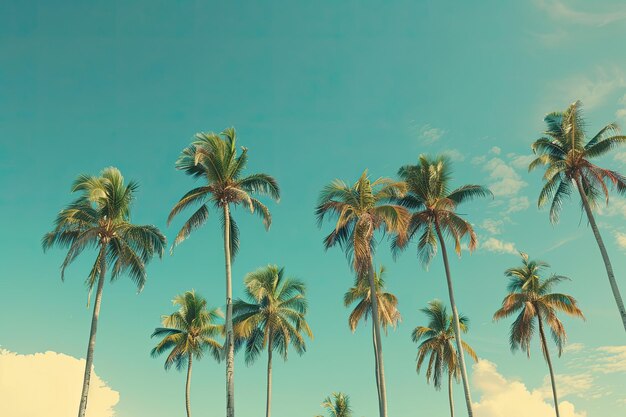 Photo tall palm trees stretch in the blue sky vintage style tropical beach and summer background