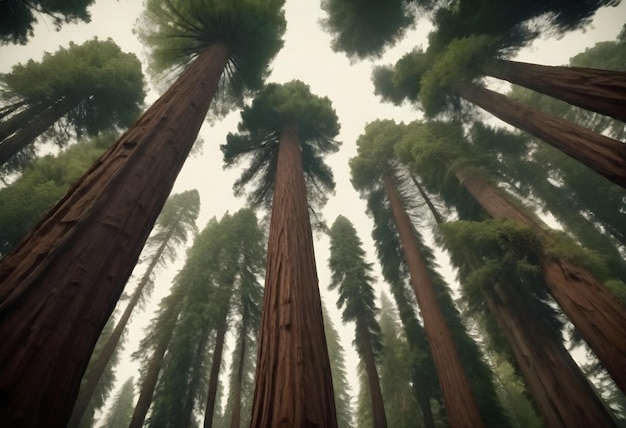 Tall redwood trees converging towards the sky with dense foliage at the top