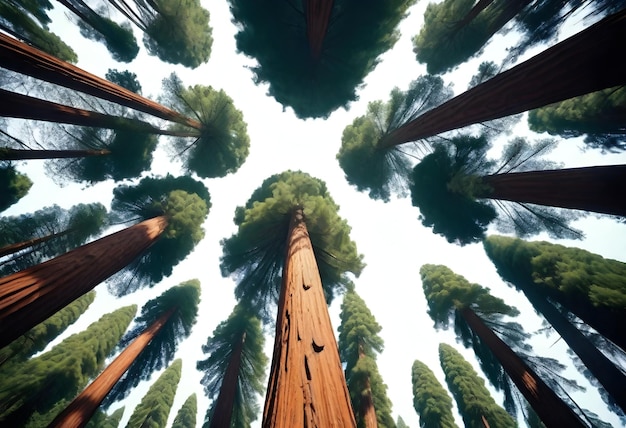 Tall redwood trees converging towards the sky with dense foliage at the top