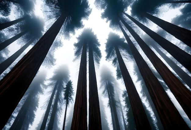 Tall redwood trees converging towards the sky with dense foliage at the top