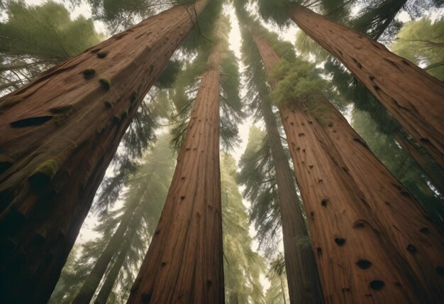 Tall redwood trees converging towards the sky with dense foliage at the top