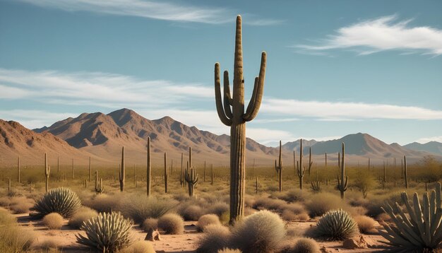 A tall saguaro cactus in a desert landscape with mountains in the background