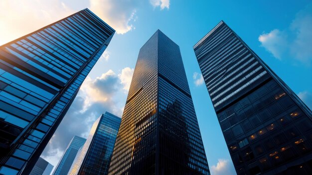 Photo tall skyscrapers rise against a blue sky with clouds reflecting light the buildings showcase modern architecture and are set in an urban environment during sunset