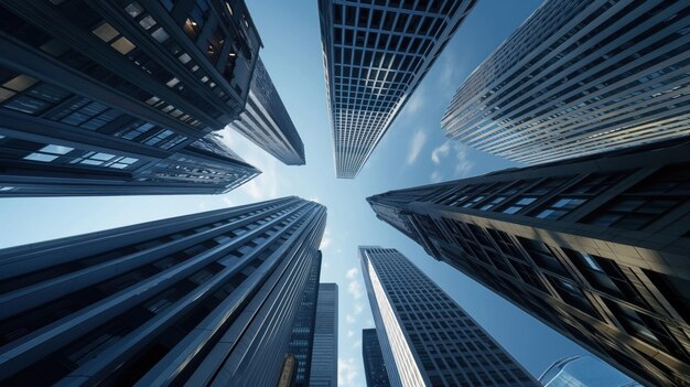 Tall skyscrapers rise dramatically against a clear blue sky showcasing the architectural beauty of a bustling downtown area on a bright day