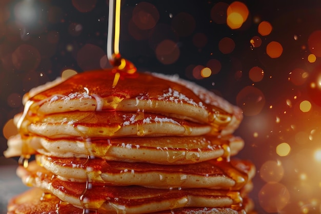 Photo a tall stack of fluffy pancakes dripping with sweet syrup towering stack of fluffy pancakes dripping with syrup