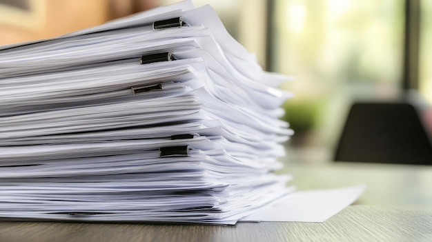 A tall stack of papers is arranged on a wooden table in a bright office space suggesting ongoing work or important documents awaiting review and filing