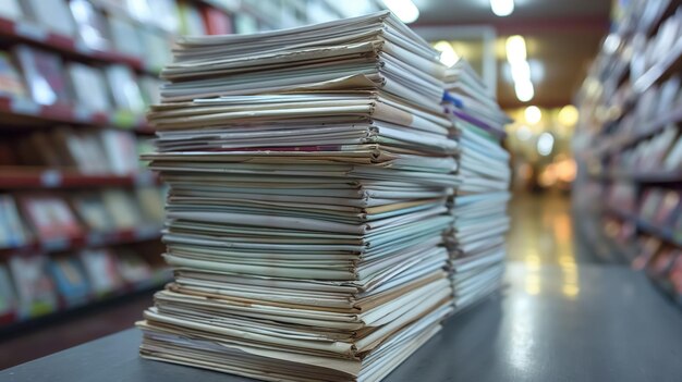 Tall stacks of papers and folders piled high on a table in a dimly lit library or office