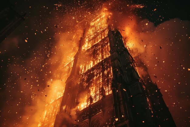 Photo a tall structure ablaze with flames emerging from it during the night flames engulfing a tall structure in the night