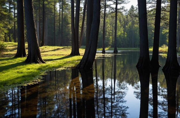 Tall trees casting long shadows over a reflective pond