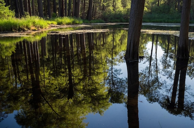 Tall trees casting long shadows over a reflective pond