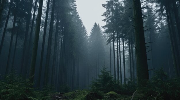 Tall trees in the forest in the mountains covered with the fog