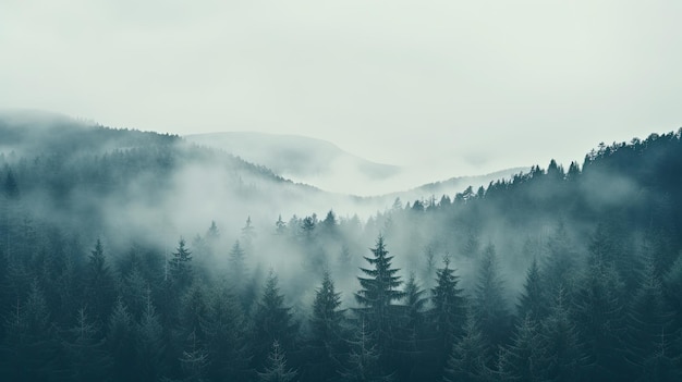 Tall trees in the forest in the mountains covered with the fog