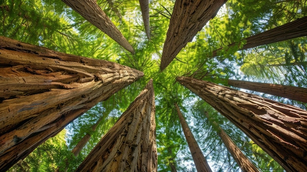 Tall trees in a forest viewed from below reaching up towards the sun