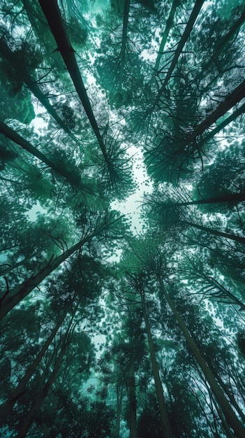 Photo tall trees reaching for the sky in a dense green forest