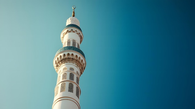 Photo a tall white building with a blue and white minaret in the sky