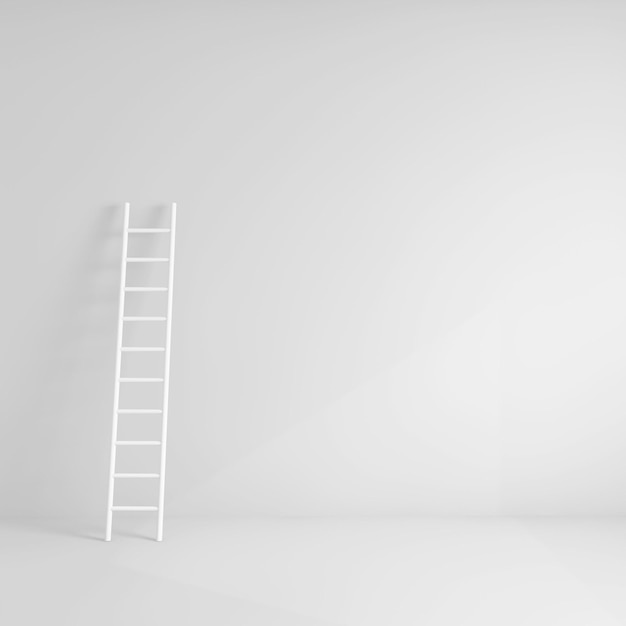 Tall white ladder on a gray wall background