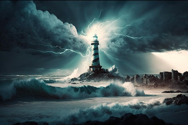 A tall white lighthouse on the beach of the sea flashing its light to aid shipping vessels