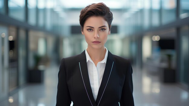 Photo tall woman with short hair in a pinstriped power suit