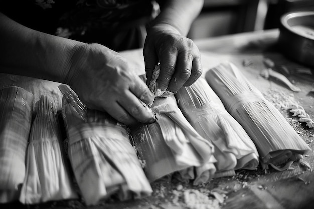 Tamalemaking process hands wrapping the masa in corn husks