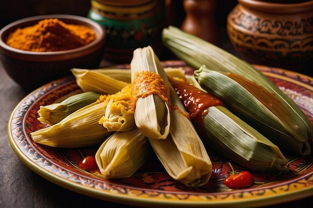 Photo tamales arranged on a decorative mexican platter with