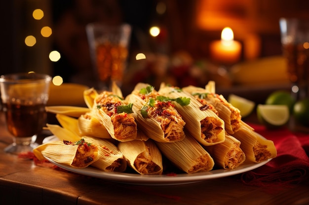 Tamales arranged on a plate with a side of Mexican streetstyle elote