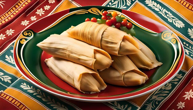 Photo tamales stacked high on a festive plate