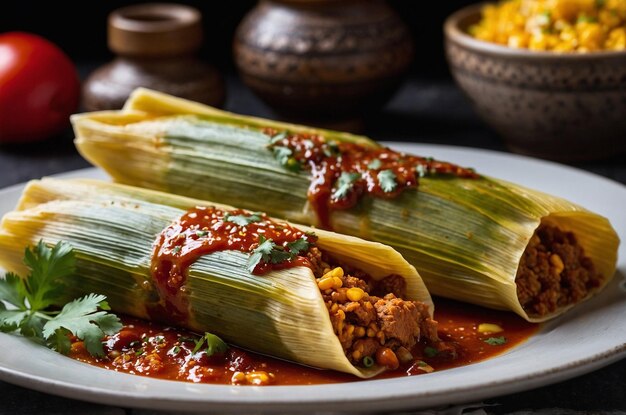 Photo tamales with corn masa and spicy pork filling