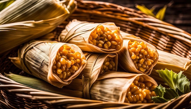 Tamales wrapped in corn husks neatly arranged in a basket