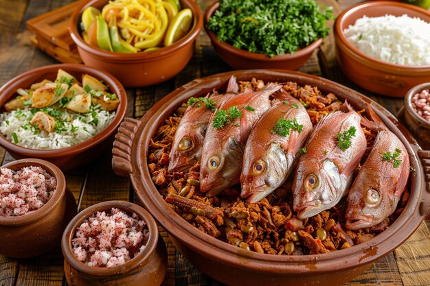 Photo tambaqui fish with side dishes vinaigrette farofa and rice northern brazilian food