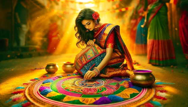 Tamil woman engaging in the cultural of making rangoli during the Tamil New Year celebration