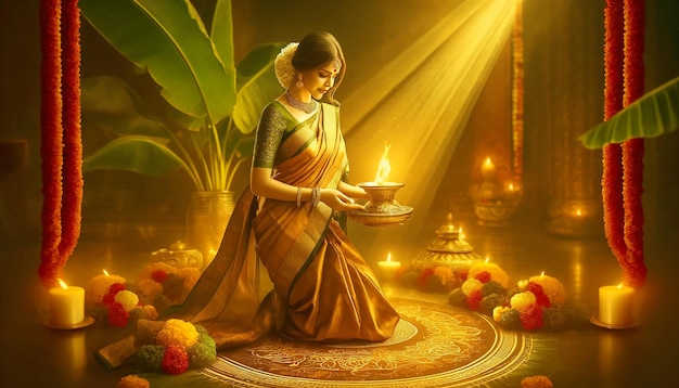 A tamil woman gracefully holding a lit vilakku wearing traditional Tamil saree