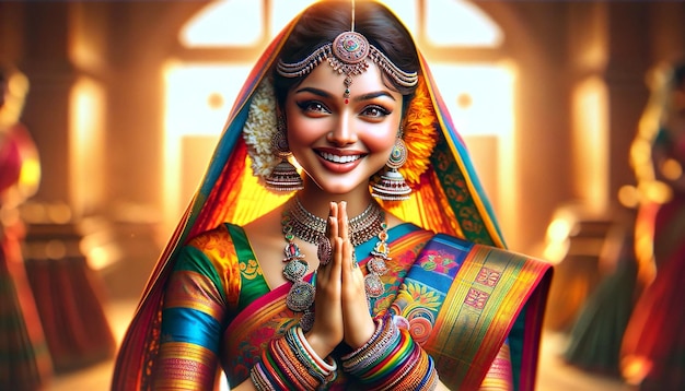 A Tamil woman is saying Vanakkam with a warm and welcoming smile