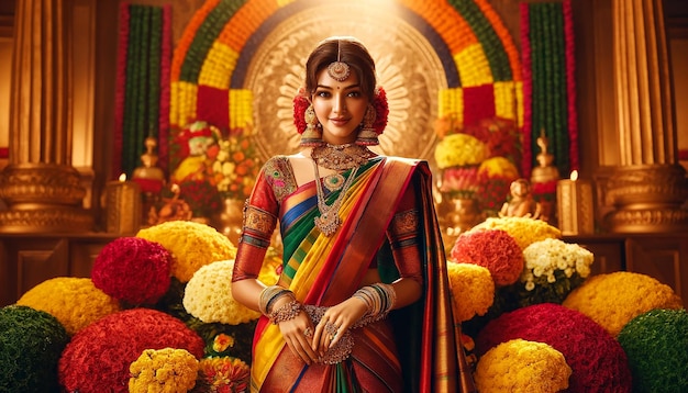 A Tamil woman in a sari with flowers in the background