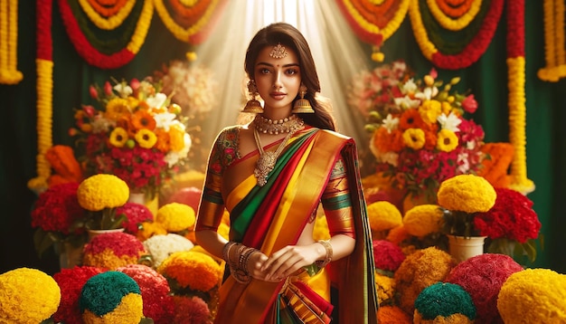 A Tamil woman in a sari with flowers in the background