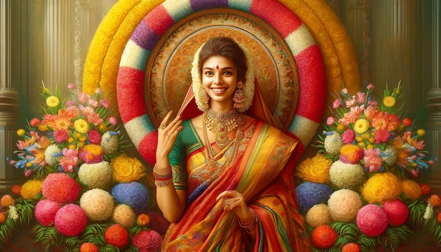 A Tamil woman in a sari with flowers in the background