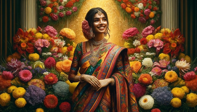 A Tamil woman in a sari with flowers in the background