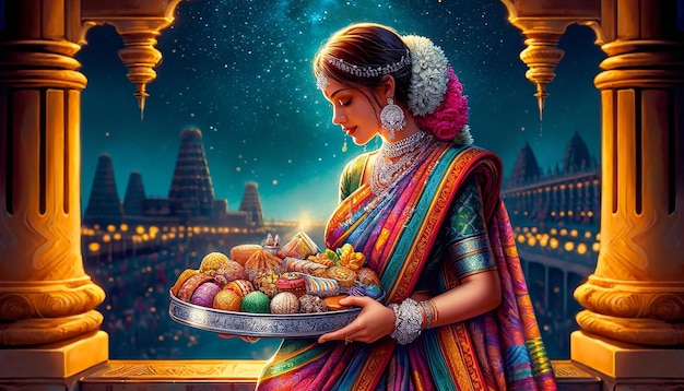 A Tamil woman in traditional Saree holding a silver plate full of various sweets in against a night