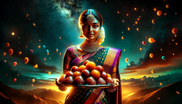 A Tamil woman in traditional Saree holding a silver plate full of various sweets in against a night